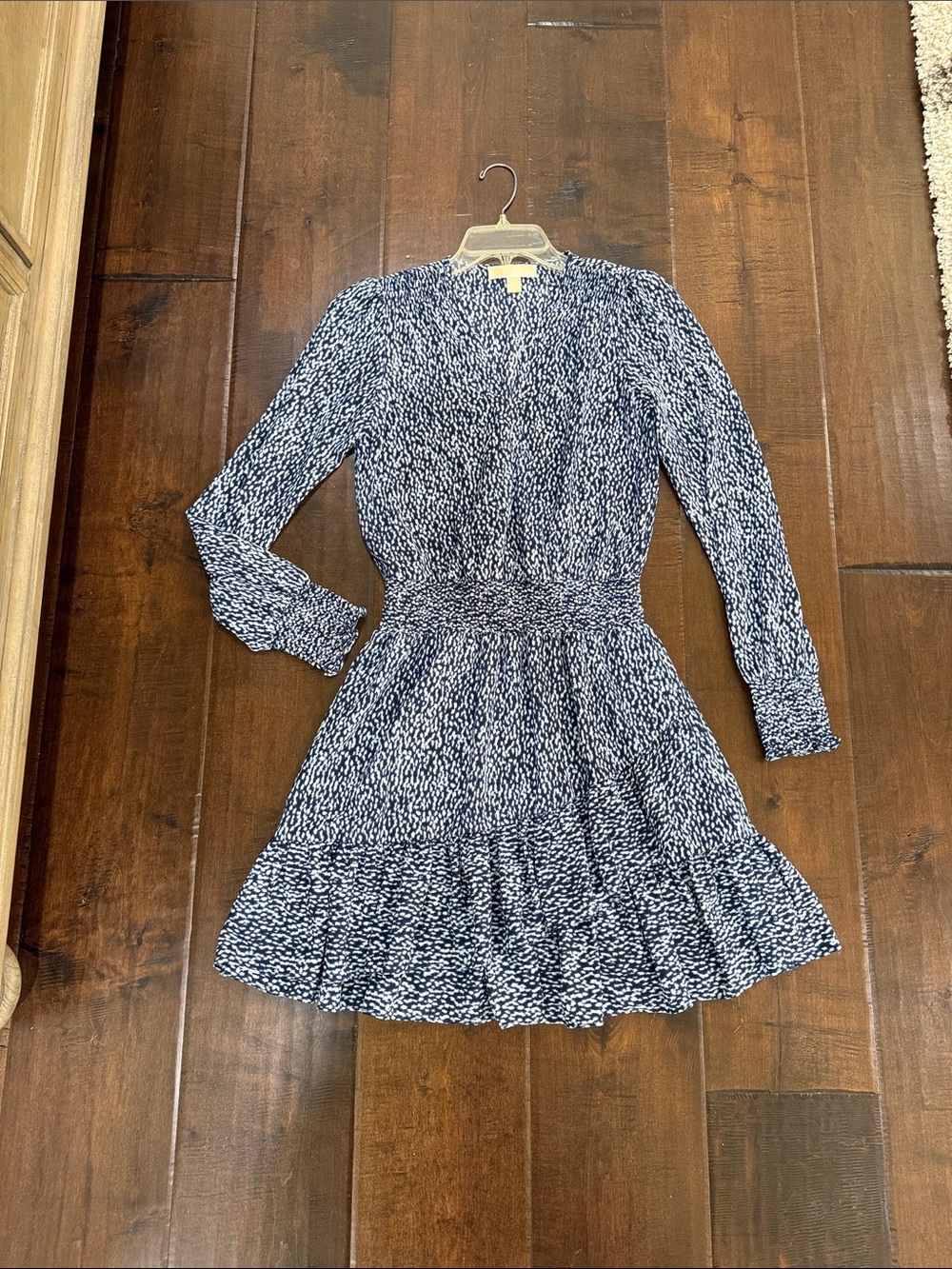 Michael Kors Navy and White Printed Long Sleeve Smocked Dress